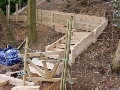 New Oak Sleeper Steps Farnham, Surrey, GU9 - Extensive oak sleeper steps incorporated through an embankment area. New Oak Sleeper Steps Farnham, Surrey, GU9 - Extensive oak sleeper steps incorporated through an embankment area.