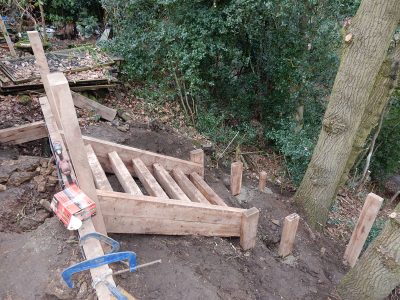 New Oak Sleeper Steps Farnham, Surrey, GU9 - Extensive oak sleeper steps incorporated through an embankment area. New Oak Sleeper Steps Farnham, Surrey, GU9 - Extensive oak sleeper steps incorporated through an embankment area.