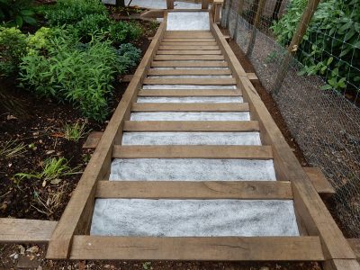 New Oak Sleeper Steps Farnham, Surrey, GU9 - Extensive oak sleeper steps incorporated through an embankment area. New Oak Sleeper Steps Farnham, Surrey, GU9 - Extensive oak sleeper steps incorporated through an embankment area.