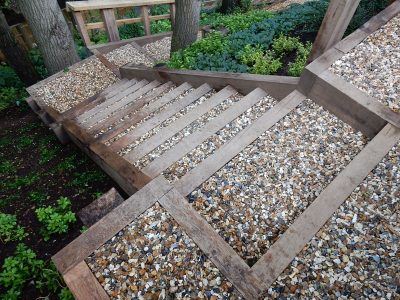 New Oak Sleeper Steps Farnham, Surrey, GU9 - Extensive oak sleeper steps incorporated through an embankment area. New Oak Sleeper Steps Farnham, Surrey, GU9 - Extensive oak sleeper steps incorporated through an embankment area.
