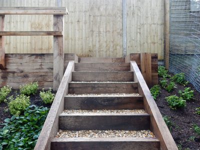 New Oak Sleeper Steps Farnham, Surrey, GU9 - Extensive oak sleeper steps incorporated through an embankment area. New Oak Sleeper Steps Farnham, Surrey, GU9 - Extensive oak sleeper steps incorporated through an embankment area.