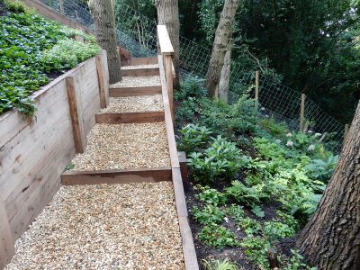 New Oak Sleeper Steps Farnham, Surrey, GU9 - Extensive oak sleeper steps incorporated through an embankment area. New Oak Sleeper Steps Farnham, Surrey, GU9 - Extensive oak sleeper steps incorporated through an embankment area.