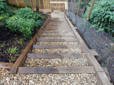 New Oak Sleeper Steps Farnham, Surrey, GU9 - Extensive oak sleeper steps incorporated through an embankment area. New Oak Sleeper Steps Farnham, Surrey, GU9 - Extensive oak sleeper steps incorporated through an embankment area.