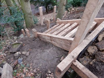 New Oak Sleeper Steps Farnham, Surrey, GU9 - Extensive oak sleeper steps incorporated through an embankment area. New Oak Sleeper Steps Farnham, Surrey, GU9 - Extensive oak sleeper steps incorporated through an embankment area.