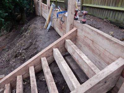 New Oak Sleeper Steps Farnham, Surrey, GU9 - Extensive oak sleeper steps incorporated through an embankment area. New Oak Sleeper Steps Farnham, Surrey, GU9 - Extensive oak sleeper steps incorporated through an embankment area.