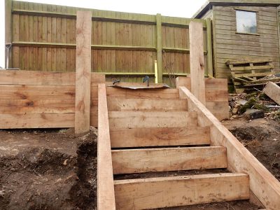 New Oak Sleeper Steps Farnham, Surrey, GU9 - Extensive oak sleeper steps incorporated through an embankment area. New Oak Sleeper Steps Farnham, Surrey, GU9 - Extensive oak sleeper steps incorporated through an embankment area.