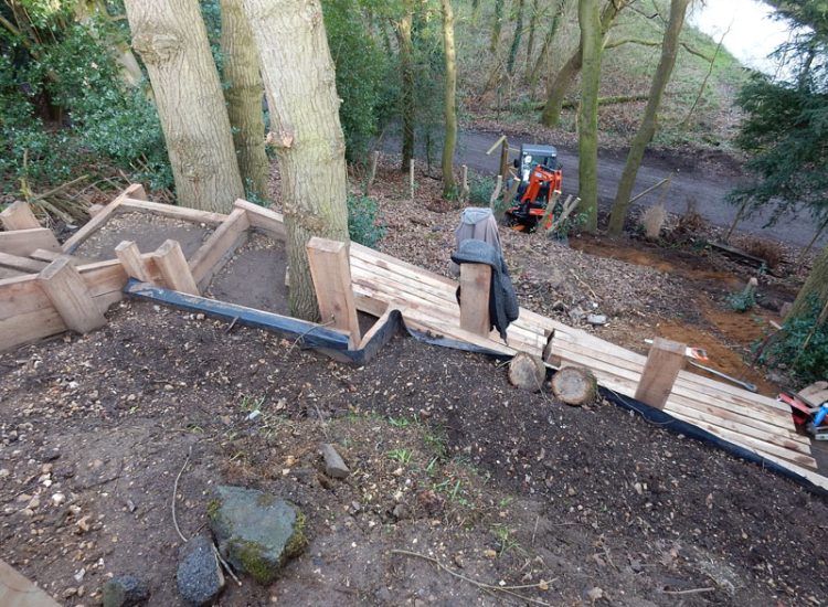 New Oak Sleeper Steps Farnham, Surrey, GU9 - Extensive oak sleeper steps incorporated through an embankment area. New Oak Sleeper Steps Farnham, Surrey, GU9 - Extensive oak sleeper steps incorporated through an embankment area.