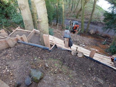 New Oak Sleeper Steps Farnham, Surrey, GU9 - Extensive oak sleeper steps incorporated through an embankment area. New Oak Sleeper Steps Farnham, Surrey, GU9 - Extensive oak sleeper steps incorporated through an embankment area.
