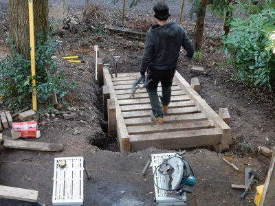 New Oak Sleeper Steps Farnham, Surrey, GU9 - Extensive oak sleeper steps incorporated through an embankment area. New Oak Sleeper Steps Farnham, Surrey, GU9 - Extensive oak sleeper steps incorporated through an embankment area.