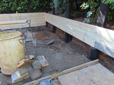 Timber Retaining Walling Claygate, Surrey, KT10 - Repair and replacement of sections of old, dilapidated timber walling. Timber Retaining Walling Claygate, Surrey, KT10 - Repair and replacement of sections of old, dilapidated timber walling.