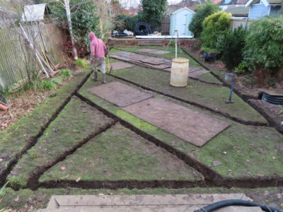 Turfing and Lawn Drainage Surbiton, Greater London, KT5 - A moderately sized urban town garden requiring a new lawn with lawn drainage to assist. Turfing and Lawn Drainage Surbiton, Greater London, KT5 - A moderately sized urban town garden requiring a new lawn with lawn drainage to assist.
