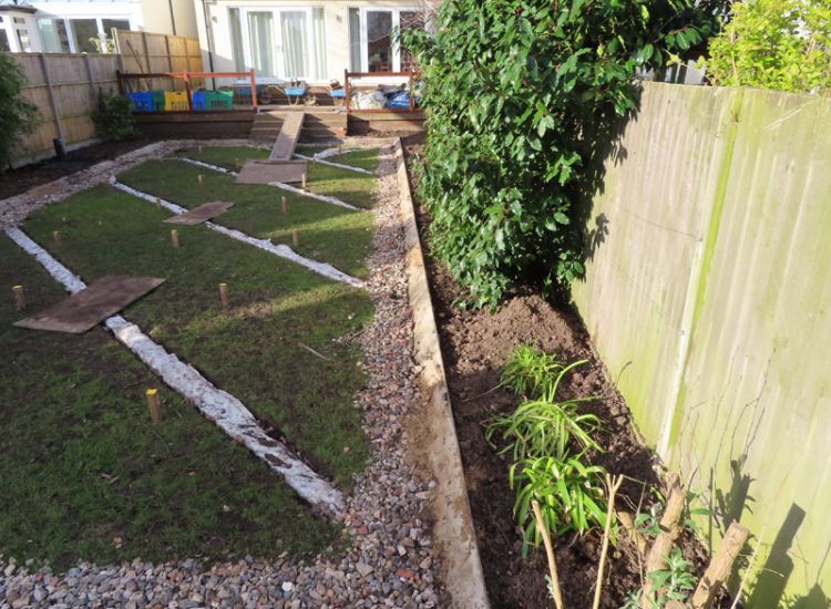 Turfing and Lawn Drainage Surbiton, Greater London, KT5 - A moderately sized urban town garden requiring a new lawn with lawn drainage to assist. Turfing and Lawn Drainage Surbiton, Greater London, KT5 - A moderately sized urban town garden requiring a new lawn with lawn drainage to assist.