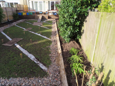 Turfing and Lawn Drainage Surbiton, Greater London, KT5 - A moderately sized urban town garden requiring a new lawn with lawn drainage to assist. Turfing and Lawn Drainage Surbiton, Greater London, KT5 - A moderately sized urban town garden requiring a new lawn with lawn drainage to assist.