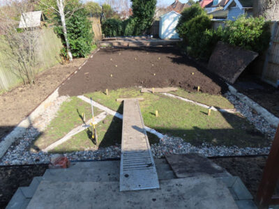 Turfing and Lawn Drainage Surbiton, Greater London, KT5 - A moderately sized urban town garden requiring a new lawn with lawn drainage to assist. Turfing and Lawn Drainage Surbiton, Greater London, KT5 - A moderately sized urban town garden requiring a new lawn with lawn drainage to assist.