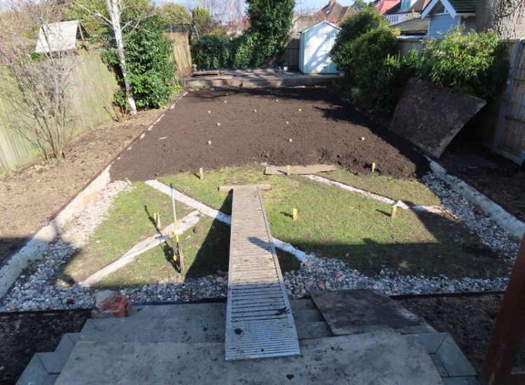 Turfing and Lawn Drainage Surbiton, Greater London, KT5 - A moderately sized urban town garden requiring a new lawn with lawn drainage to assist. Turfing and Lawn Drainage Surbiton, Greater London, KT5 - A moderately sized urban town garden requiring a new lawn with lawn drainage to assist.