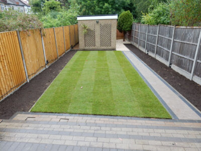 Turfing North Finchly, London, N12 - A small new lawn laid after lawn drainage including a drainge layer had been installed to assist with the drainage issues. Turfing North Finchly, London, N12 - A small new lawn laid after lawn drainage including a drainge layer had been installed to assist with the drainage issues.